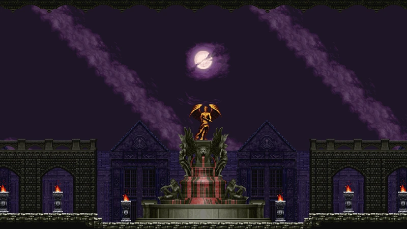 A fountain lit by the moonlight.